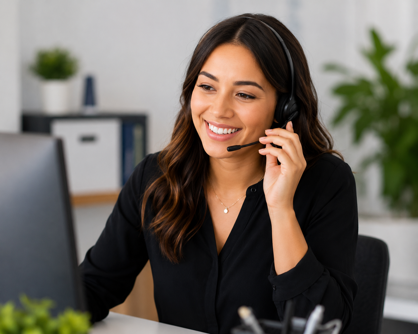 A customer care representative speaking on a headset