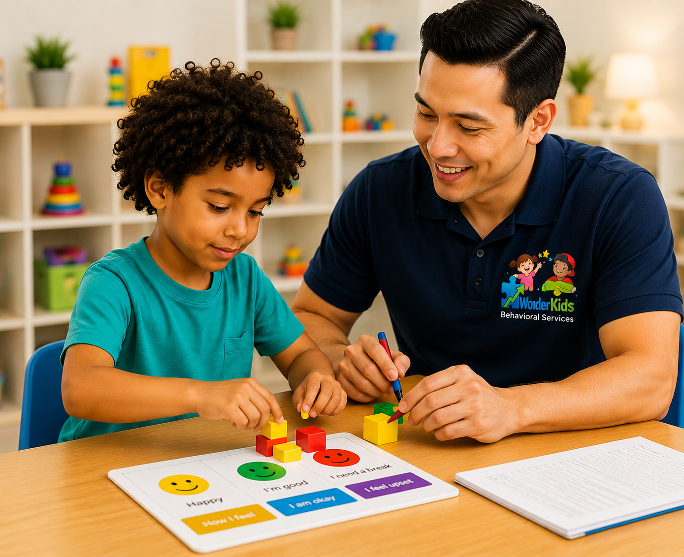 A child completing an emotions activity with a behavioral therapist