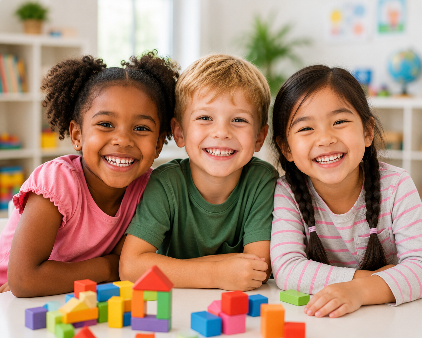 Three smiling children playing with colorful building blocks