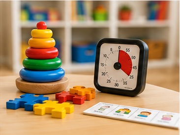 Child and therapist using picture communication supports